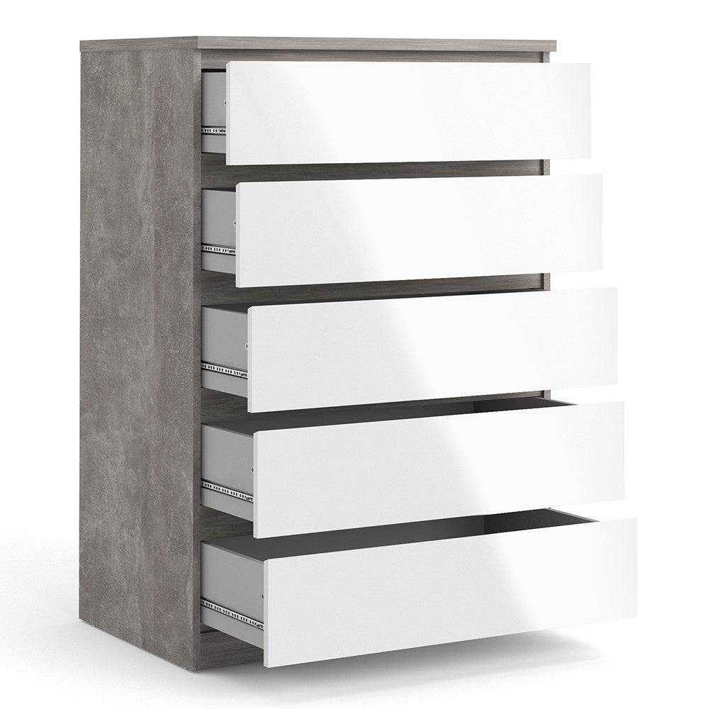 Naia Chest Of 5 Drawers in Concrete Grey and White High Gloss - Price Crash Furniture