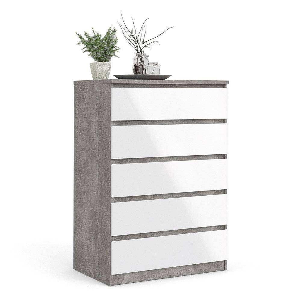 Naia Chest Of 5 Drawers in Concrete Grey and White High Gloss - Price Crash Furniture