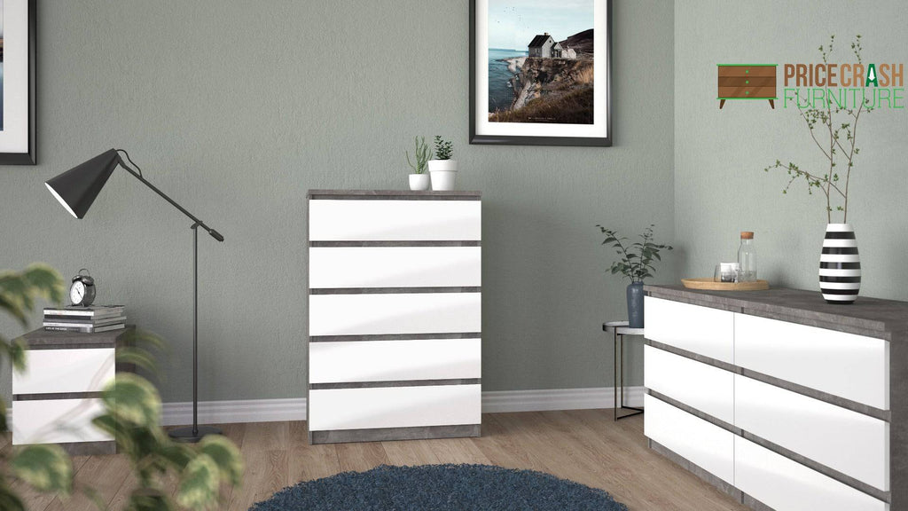 Naia Chest Of 5 Drawers in Concrete Grey and White High Gloss - Price Crash Furniture