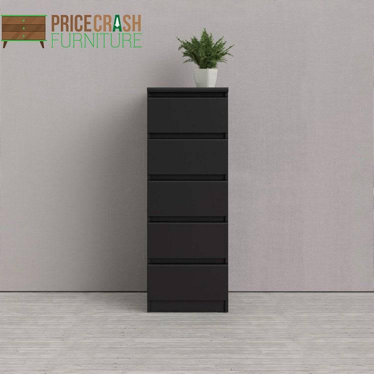 Naia Tall Narrow 5 Drawer Chest of Drawers / Tallboy in Black Matt - Price Crash Furniture