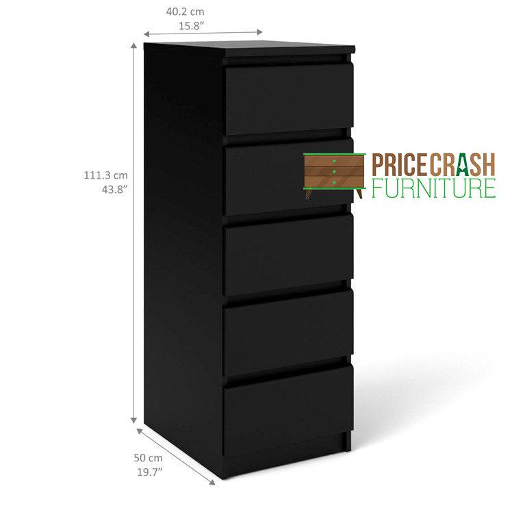 Naia Tall Narrow 5 Drawer Chest of Drawers / Tallboy in Black Matt - Price Crash Furniture