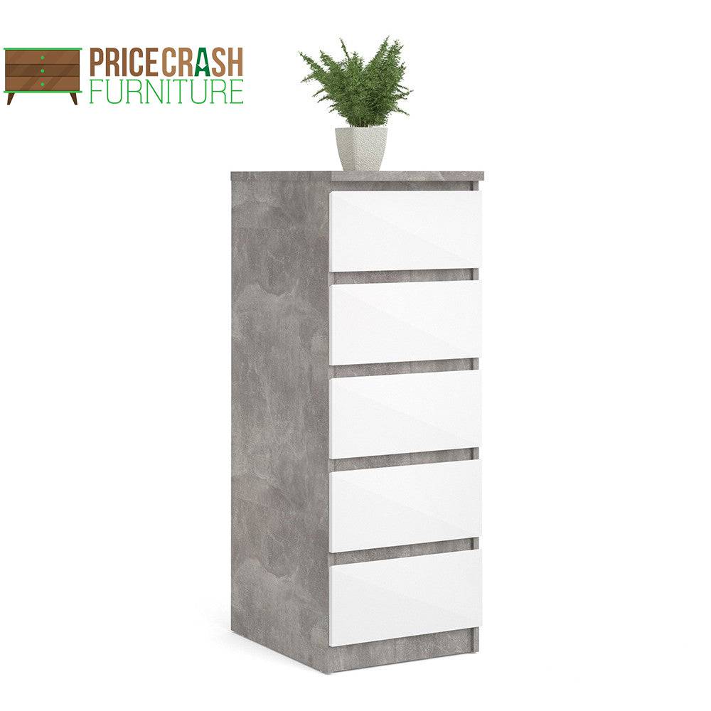 Naia Tall Narrow 5 Drawer Chest of Drawers / Tallboy in Concrete Grey and White High Gloss - Price Crash Furniture