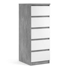 Naia Tall Narrow 5 Drawer Chest of Drawers / Tallboy in Concrete Grey and White High Gloss - Price Crash Furniture