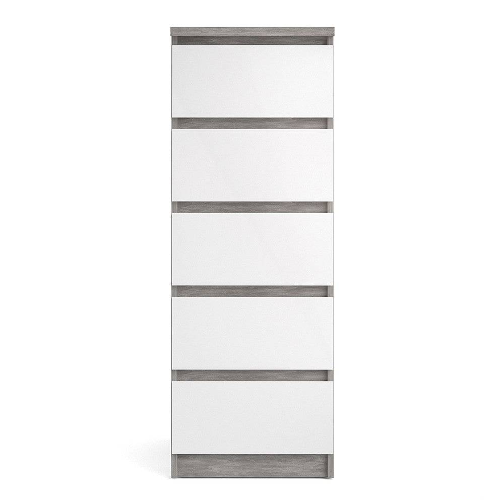 Naia Tall Narrow 5 Drawer Chest of Drawers / Tallboy in Concrete Grey and White High Gloss - Price Crash Furniture