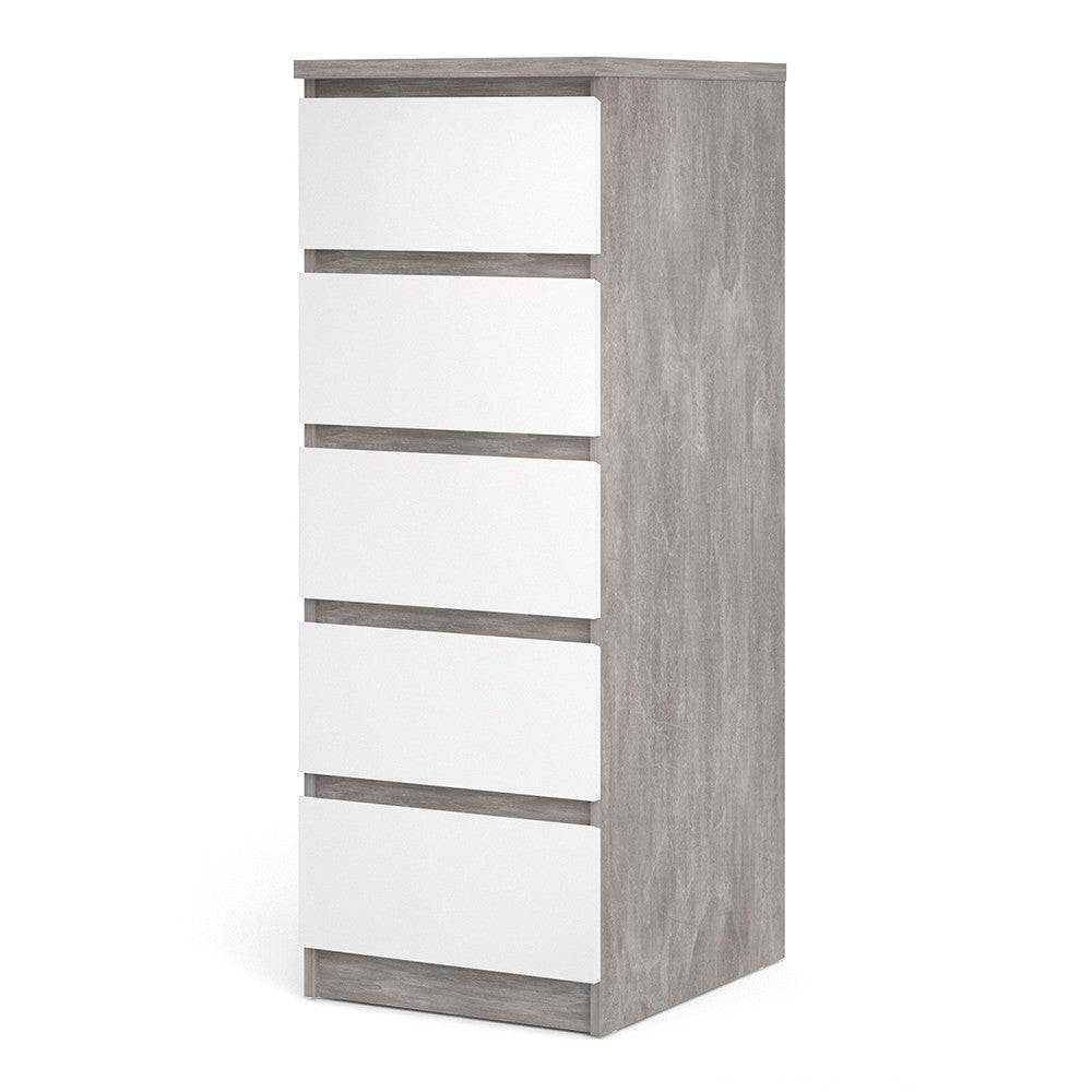 Naia Tall Narrow 5 Drawer Chest of Drawers / Tallboy in Concrete Grey and White High Gloss - Price Crash Furniture