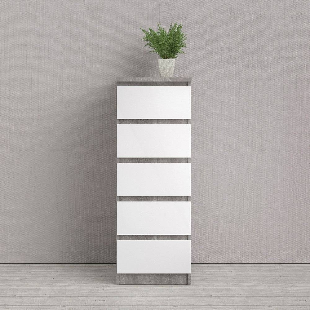 Naia Tall Narrow 5 Drawer Chest of Drawers / Tallboy in Concrete Grey and White High Gloss - Price Crash Furniture