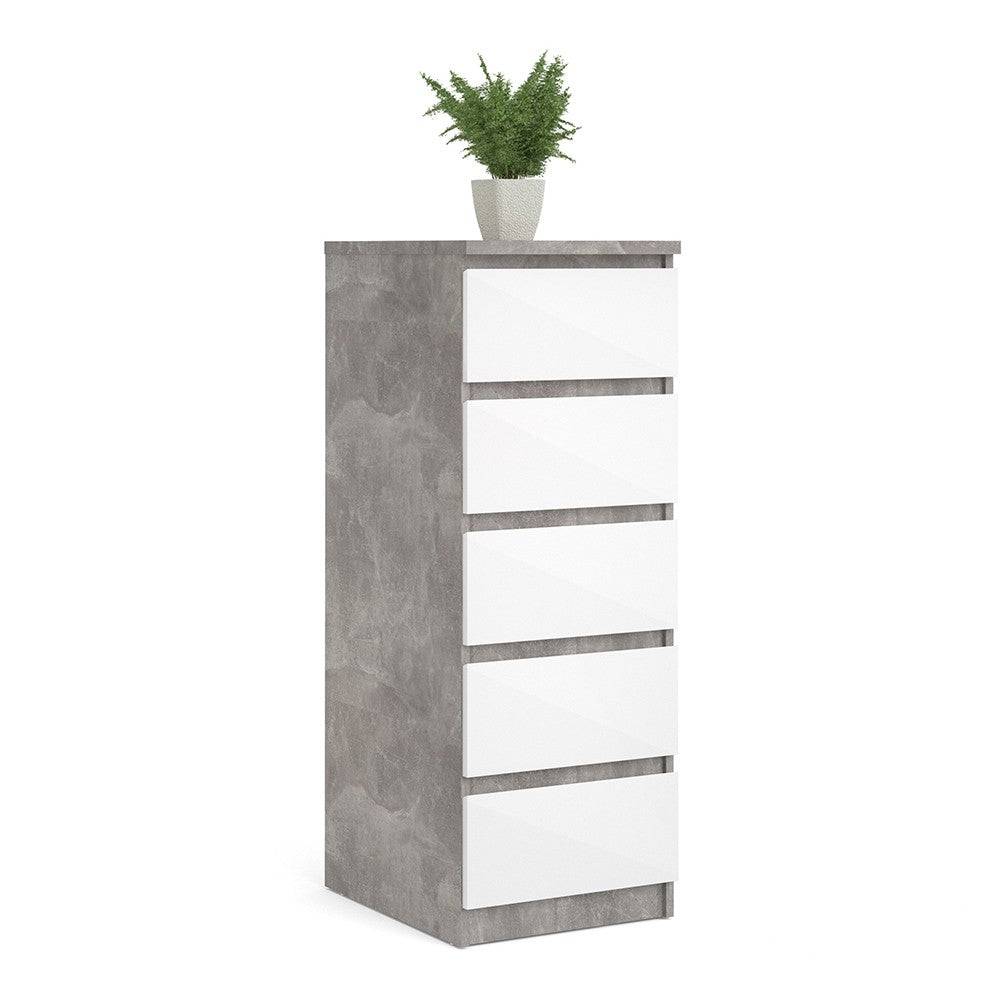 Naia Tall Narrow 5 Drawer Chest of Drawers / Tallboy in Concrete Grey and White High Gloss - Price Crash Furniture