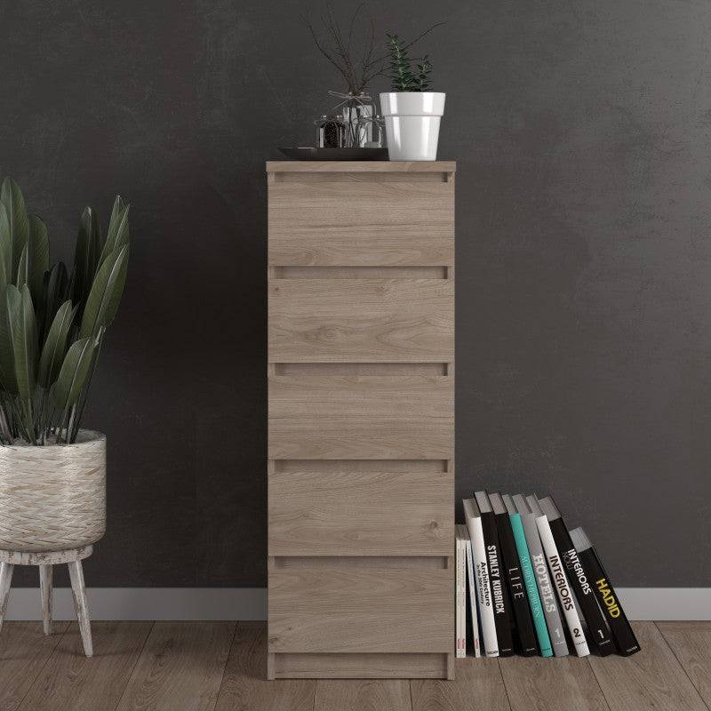 Naia Tall Narrow 5 Drawer Chest of Drawers / Tallboy in Jackson Hickory Oak - Price Crash Furniture
