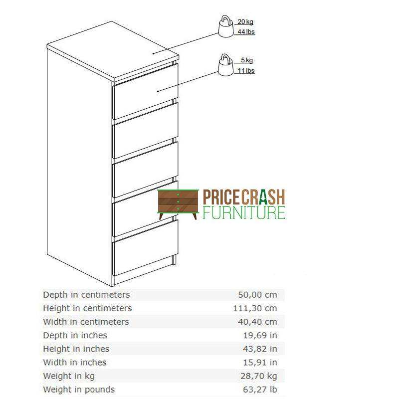 Naia Tall Narrow 5 Drawer Chest of Drawers / Tallboy in Jackson Hickory Oak - Price Crash Furniture