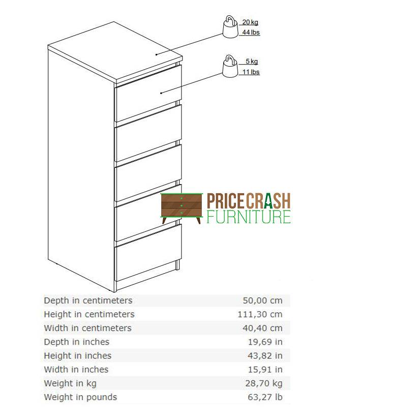 Naia Tall Narrow 5 Drawer Chest of Drawers / Tallboy in Jackson Hickory Oak - Price Crash Furniture