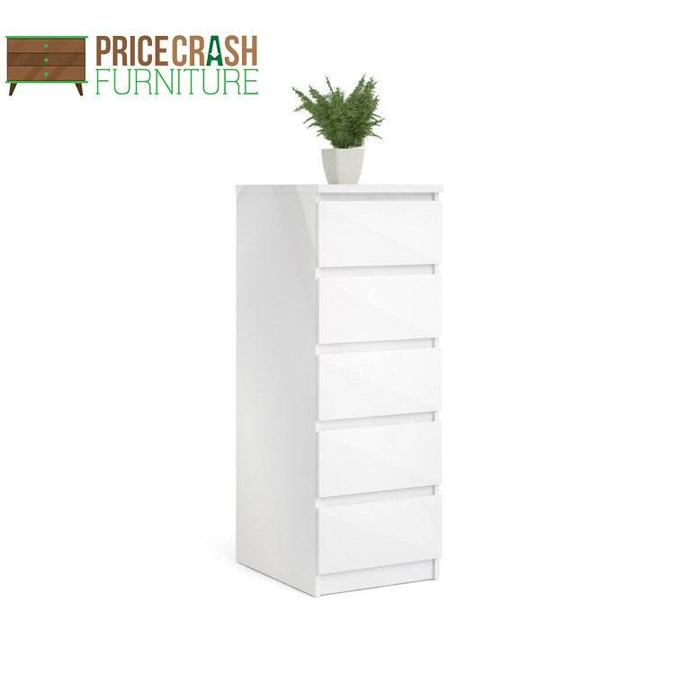 Naia Tall Narrow 5 Drawer Chest of Drawers / Tallboy in White High Gloss - Price Crash Furniture