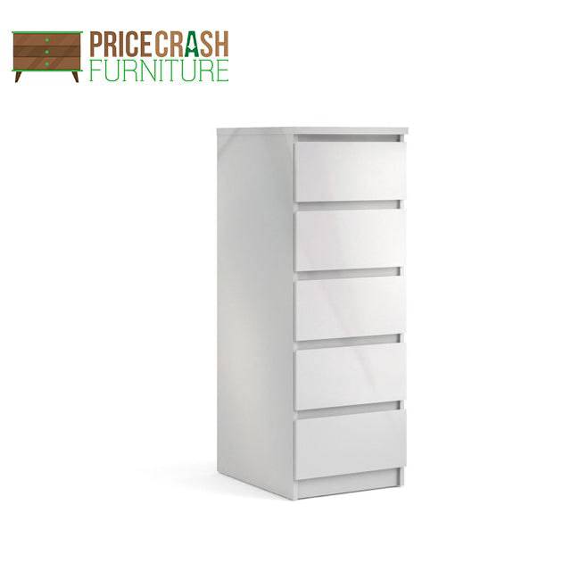 Naia Tall Narrow 5 Drawer Chest of Drawers / Tallboy in White High Gloss - Price Crash Furniture