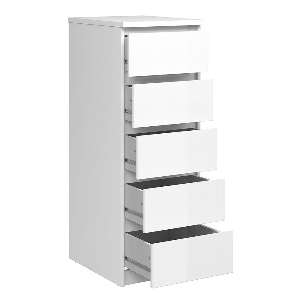 Naia Tall Narrow 5 Drawer Chest of Drawers / Tallboy in White High Gloss - Price Crash Furniture