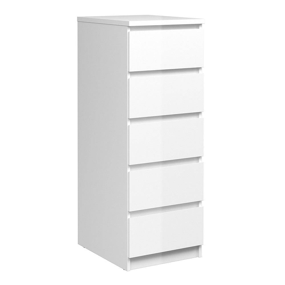 Naia Tall Narrow 5 Drawer Chest of Drawers / Tallboy in White High Gloss - Price Crash Furniture