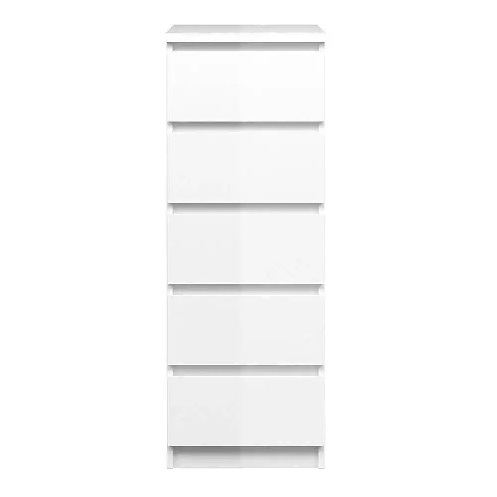 Naia Tall Narrow 5 Drawer Chest of Drawers / Tallboy in White High Gloss - Price Crash Furniture