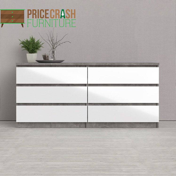 Naia Wide Chest Of 6 Drawers (3+3) in Concrete Grey and White High Gloss - Price Crash Furniture