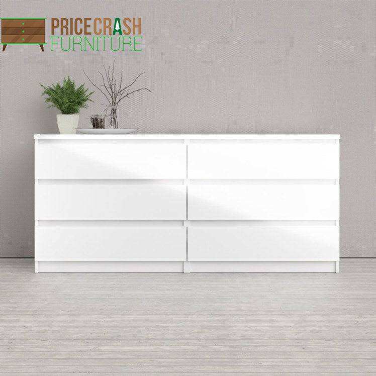Naia Wide Chest Of 6 Drawers (3+3) in White High Gloss - Price Crash Furniture