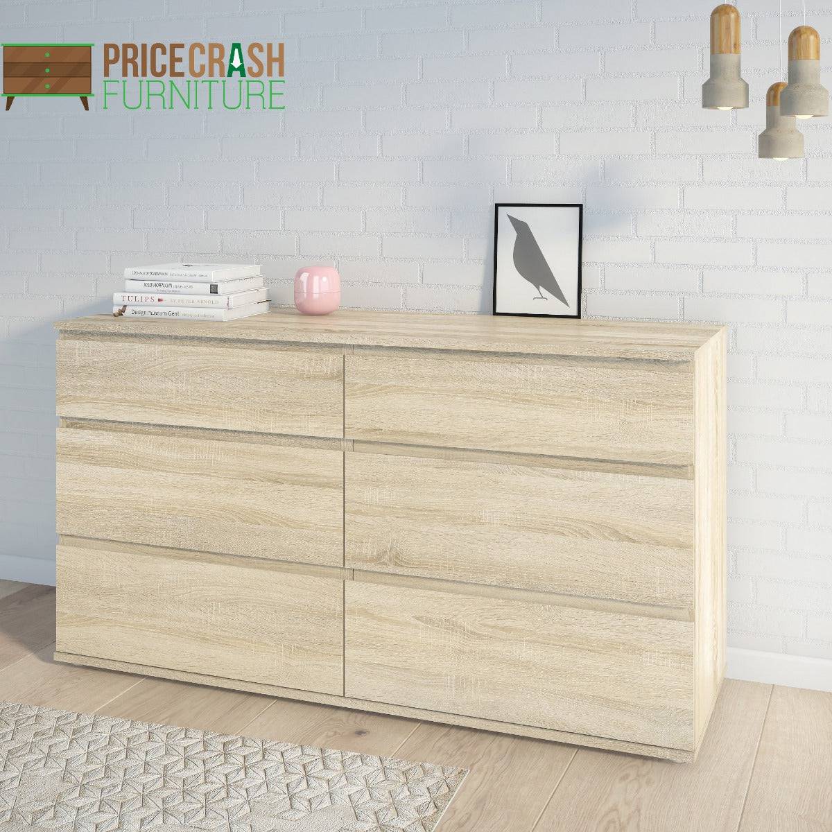 Nova Large Wide 6 Drawer Chest of Drawers (3+3) in Oak - Price Crash Furniture