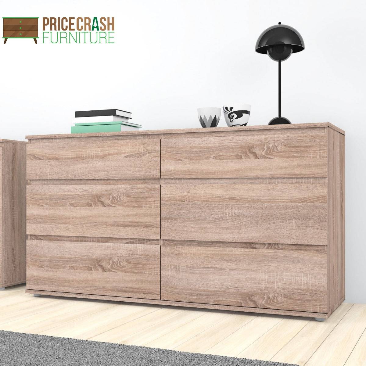 Nova Large Wide 6 Drawer Chest of Drawers (3+3) in Truffle Oak - Price Crash Furniture