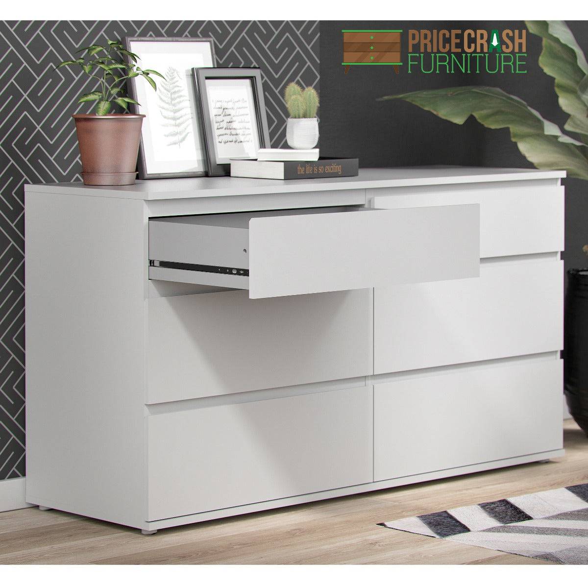 Nova Large Wide 6 Drawer Chest of Drawers (3+3) in White - Price Crash Furniture