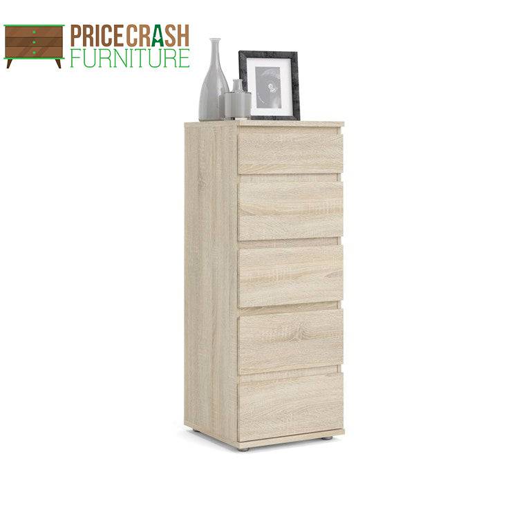 Nova Tall Narrow 5 Drawer Chest of Drawers in Oak - Price Crash Furniture