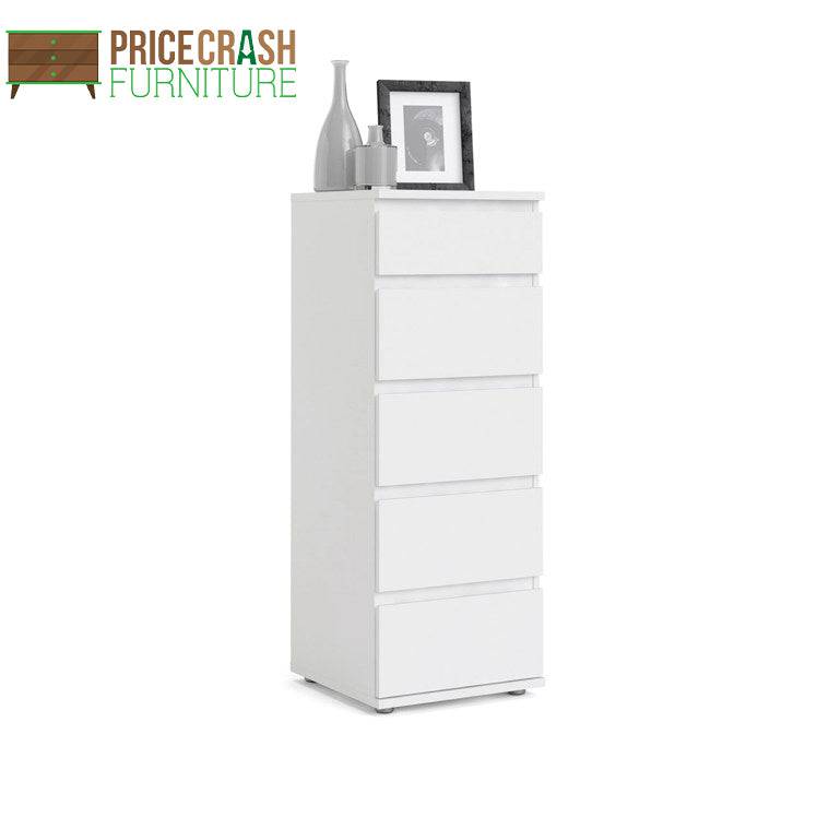 Nova Tall Narrow 5 Drawer Chest of Drawers Tallboy in White - Price Crash Furniture