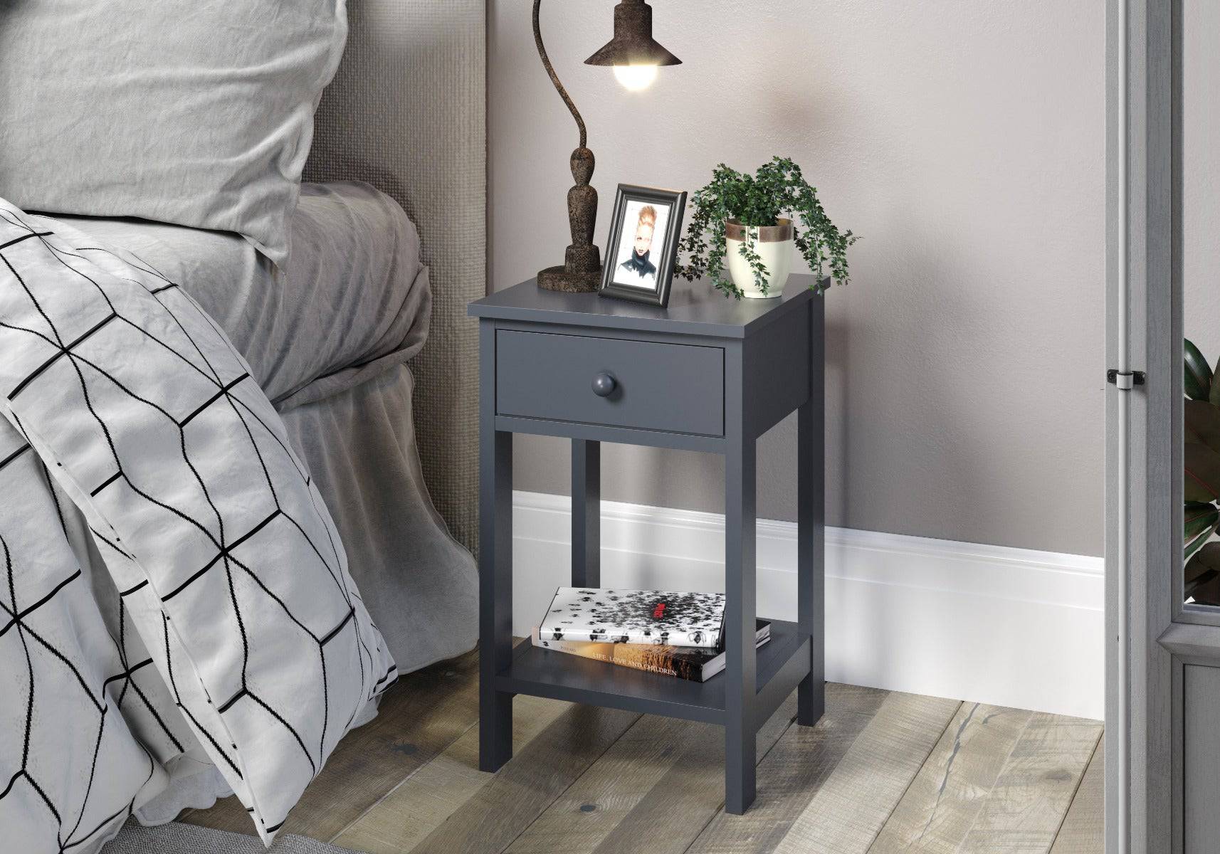 Options shaker 1 drawer petite bedside cabinet in Blue MDF with lower shelf - Price Crash Furniture