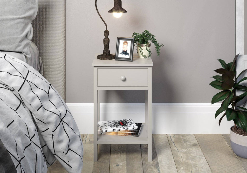 Options shaker 1 drawer petite bedside cabinet in Light Grey MDF with lower shelf - Price Crash Furniture