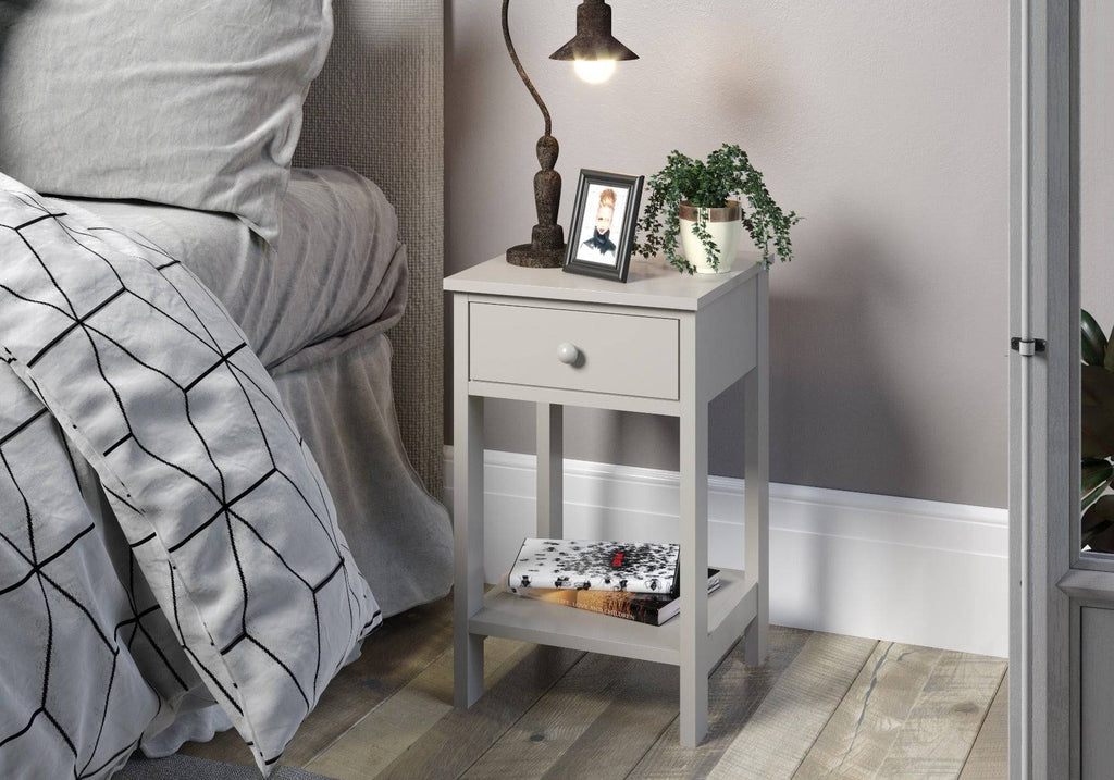 Options shaker 1 drawer petite bedside cabinet in Light Grey MDF with lower shelf - Price Crash Furniture