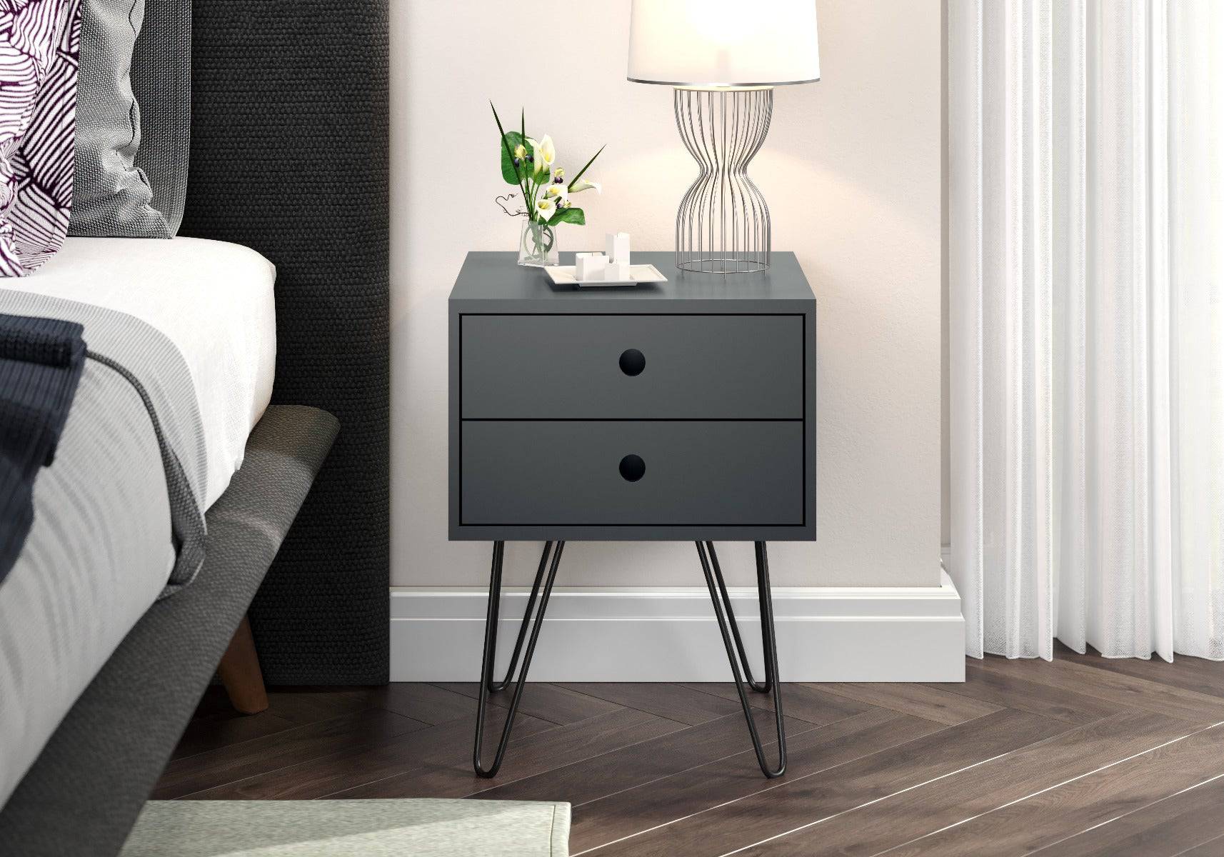 Options Telford, midnight blue & metal 2 drawer bedside cabinet - Price Crash Furniture