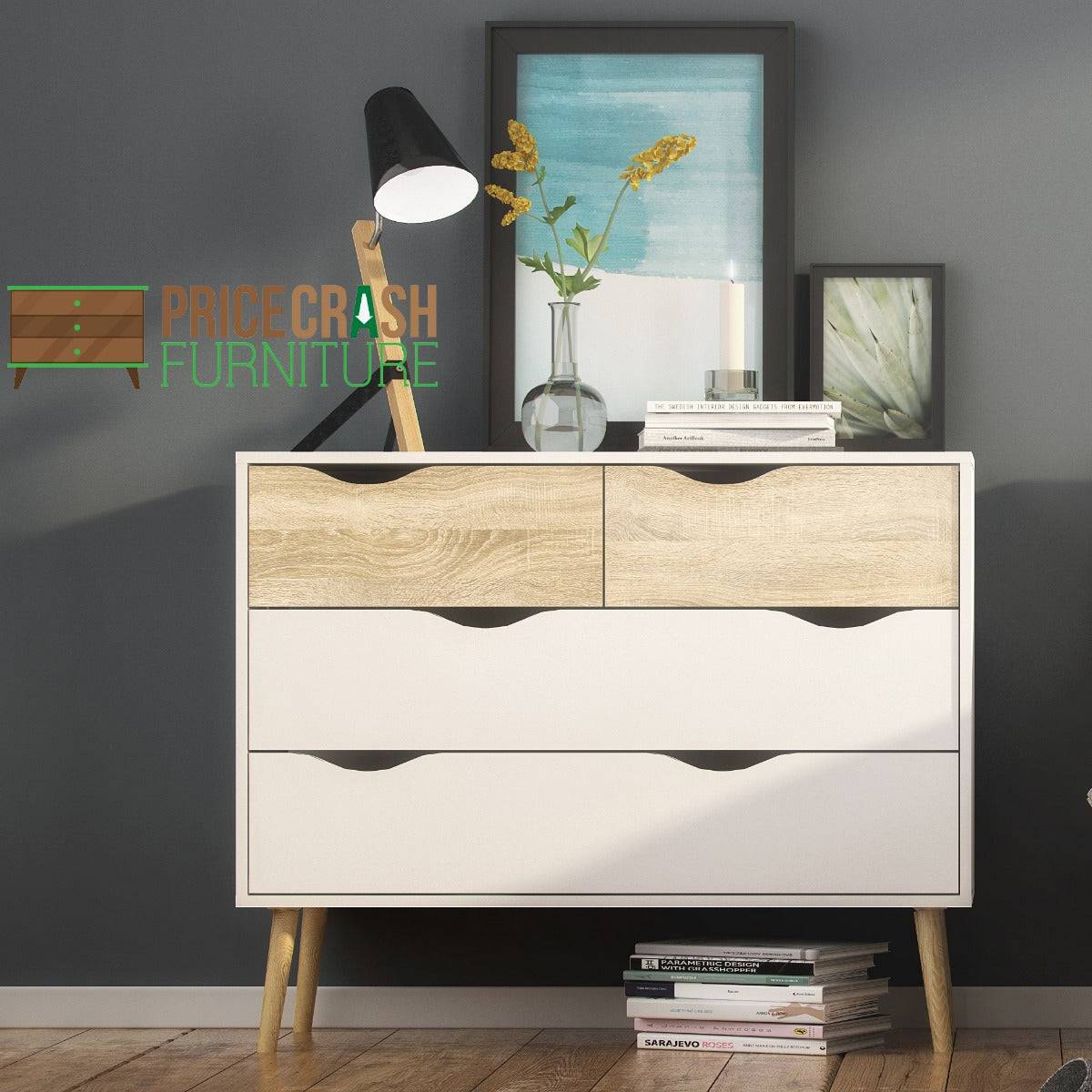 Oslo 4 Drawer Chest Of Drawers (2+2) in White and Oak - Price Crash Furniture