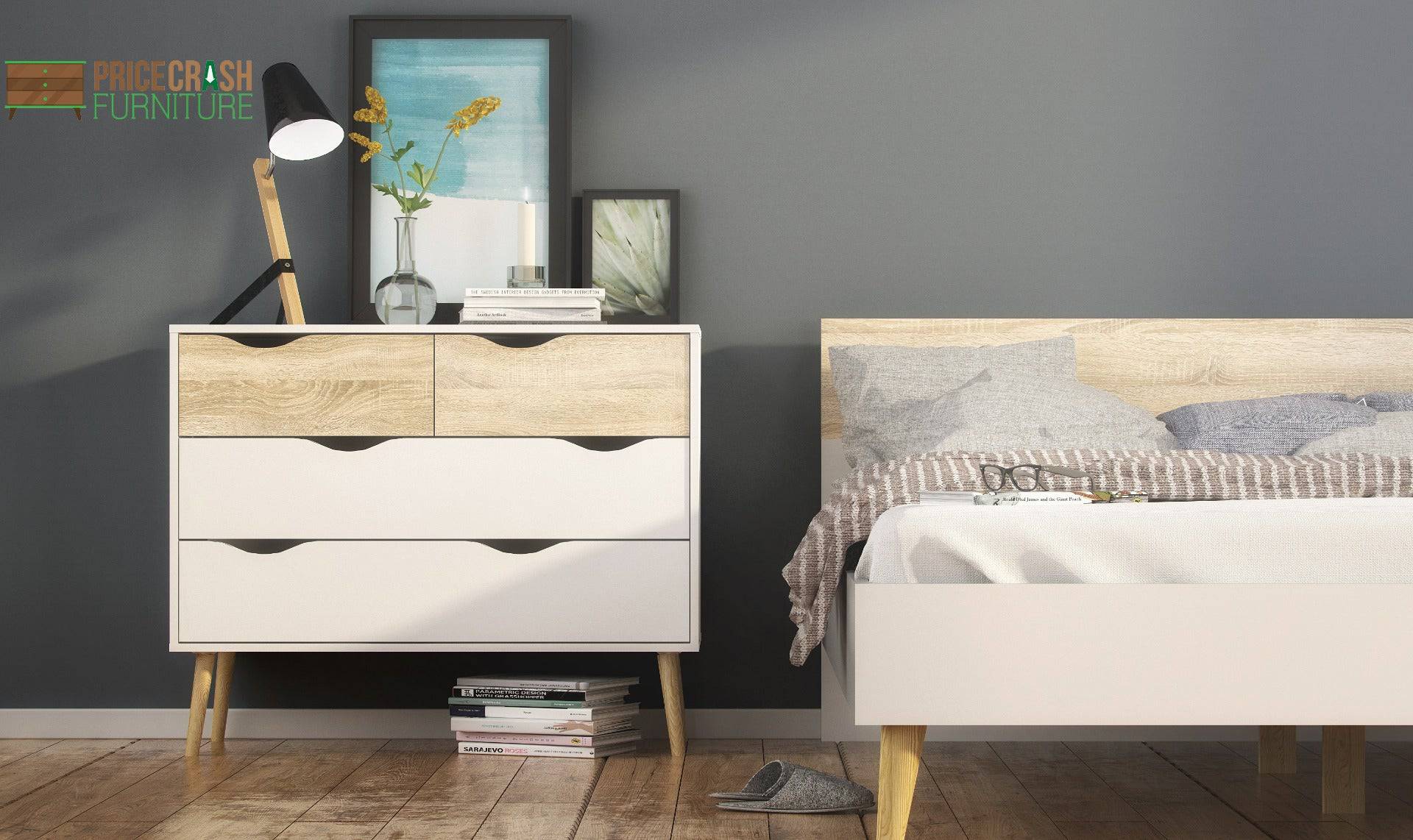 Oslo 4 Drawer Chest Of Drawers (2+2) in White and Oak - Price Crash Furniture