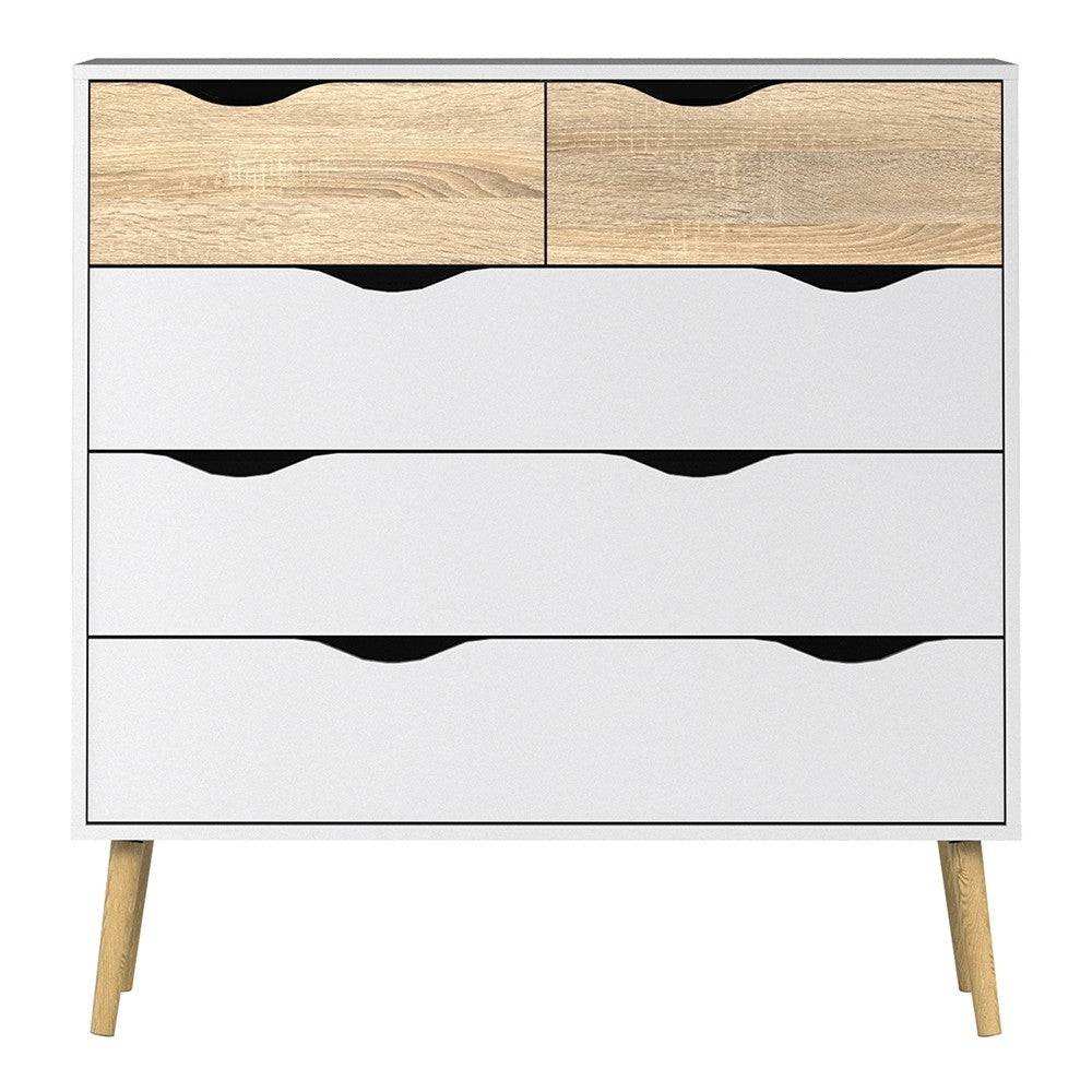 Oslo 5 Drawer Chest Of Drawers (2+3) in White and Oak - Price Crash Furniture