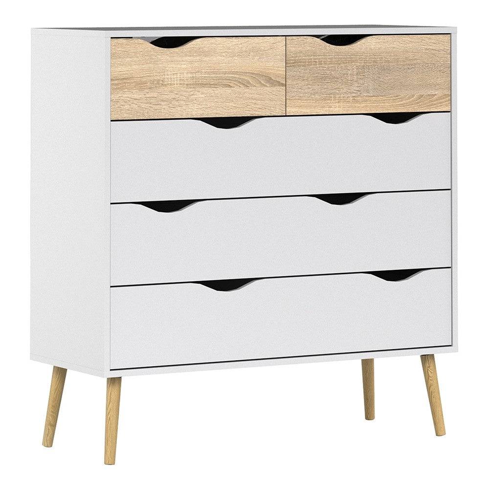 Oslo 5 Drawer Chest Of Drawers (2+3) in White and Oak - Price Crash Furniture