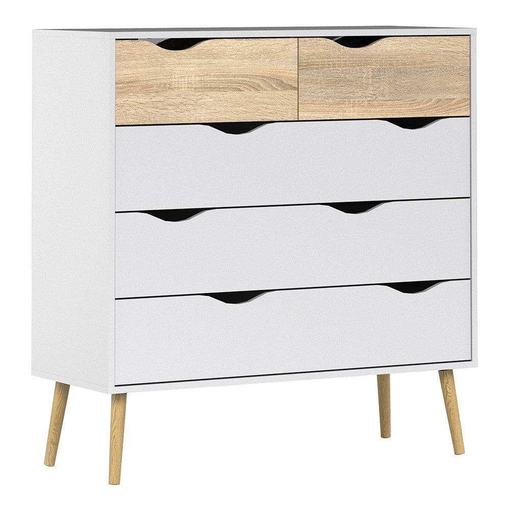 Oslo 5 Drawer Chest Of Drawers (2+3) in White and Oak - Price Crash Furniture