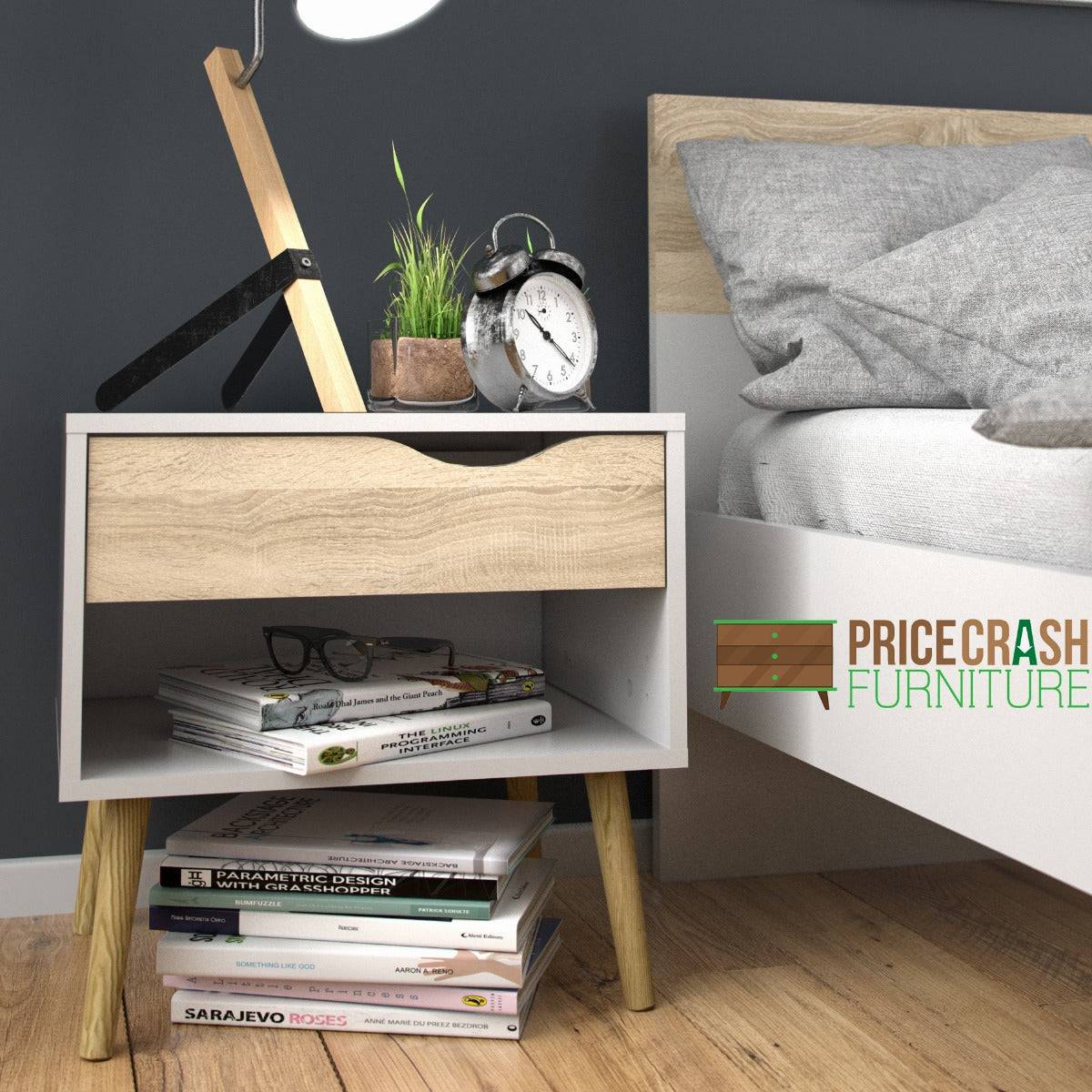 Oslo Bedside 1 Drawer in White and Oak - Price Crash Furniture