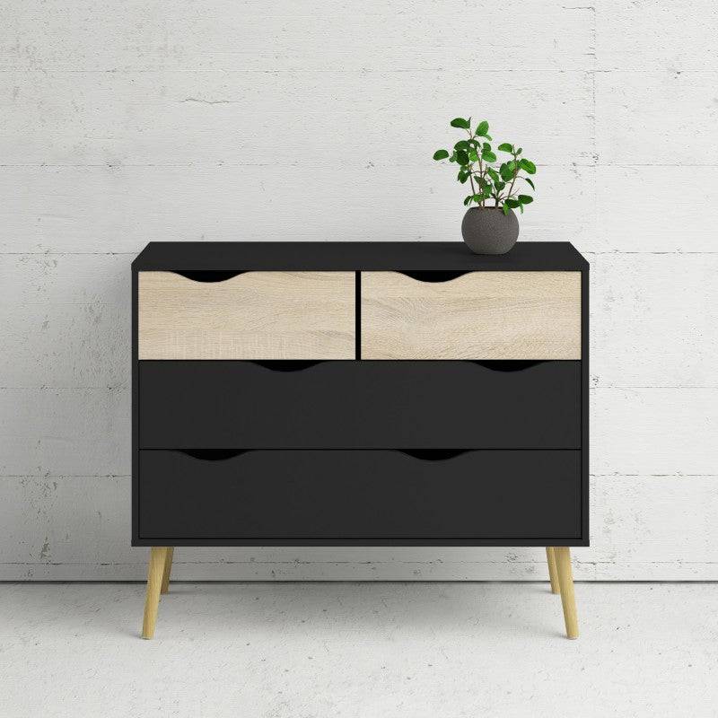 Oslo Chest of 4 Drawers (2+2) in Black and Oak - Price Crash Furniture