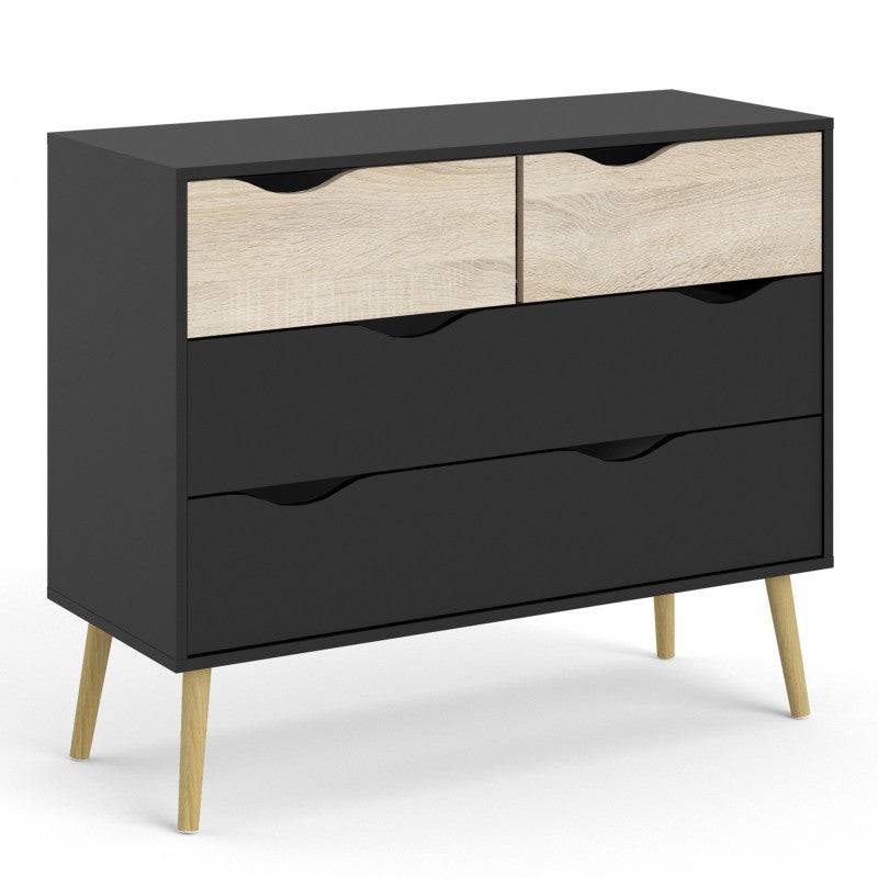 Oslo Chest of 4 Drawers (2+2) in Black and Oak - Price Crash Furniture