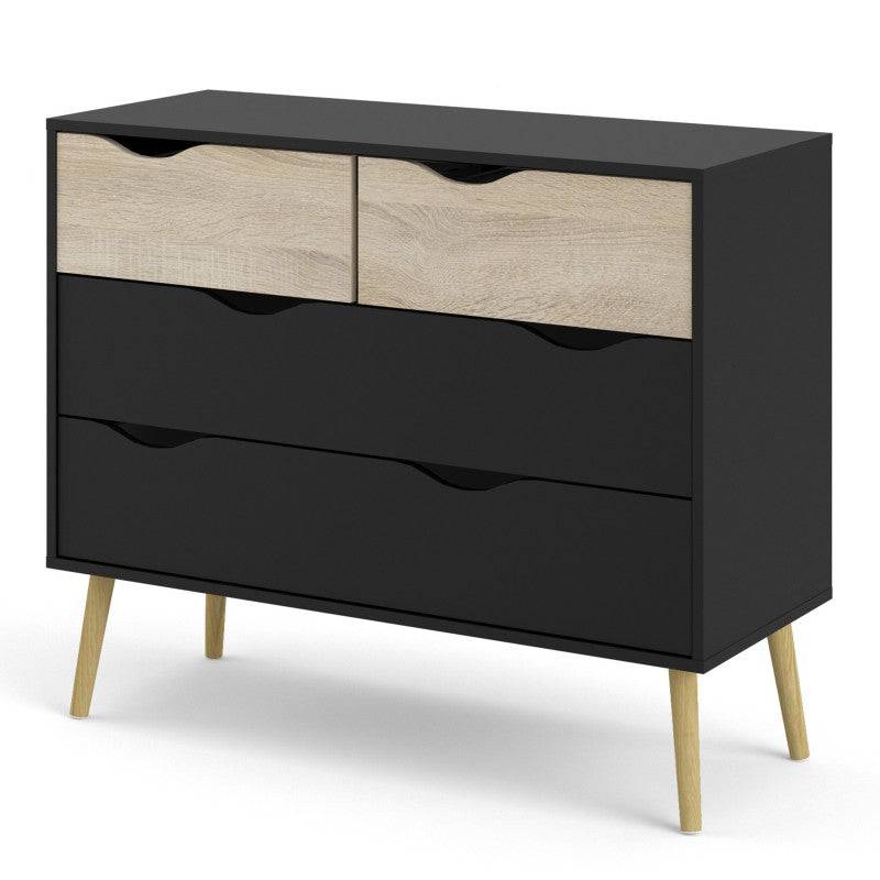 Oslo Chest of 4 Drawers (2+2) in Black and Oak - Price Crash Furniture