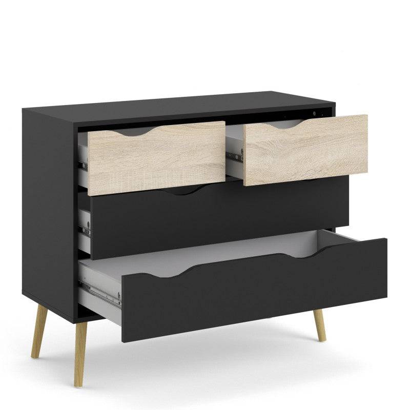Oslo Chest of 4 Drawers (2+2) in Black and Oak - Price Crash Furniture