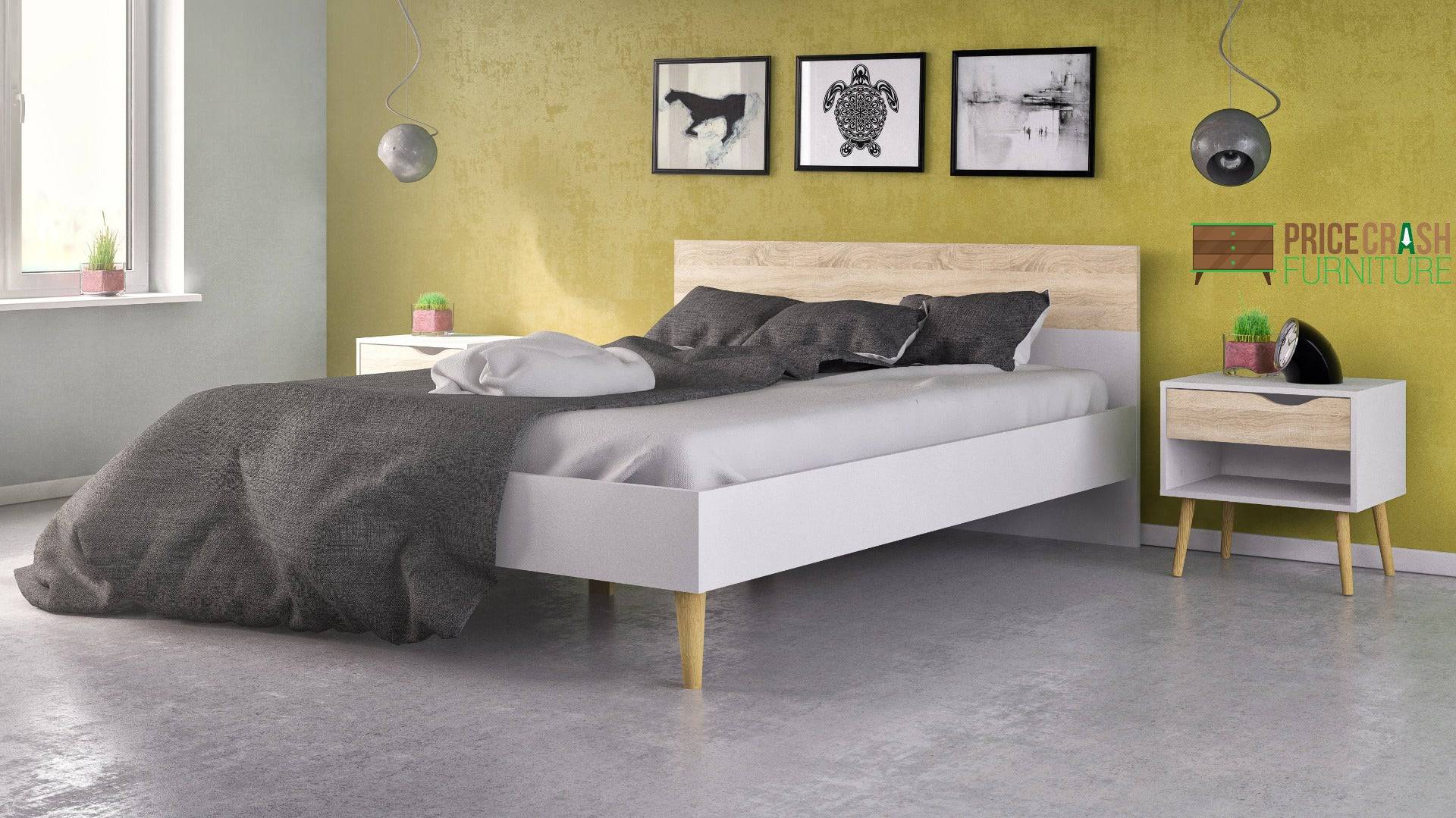 Oslo Euro Double Bed (140 x 200) in White and Oak - Price Crash Furniture