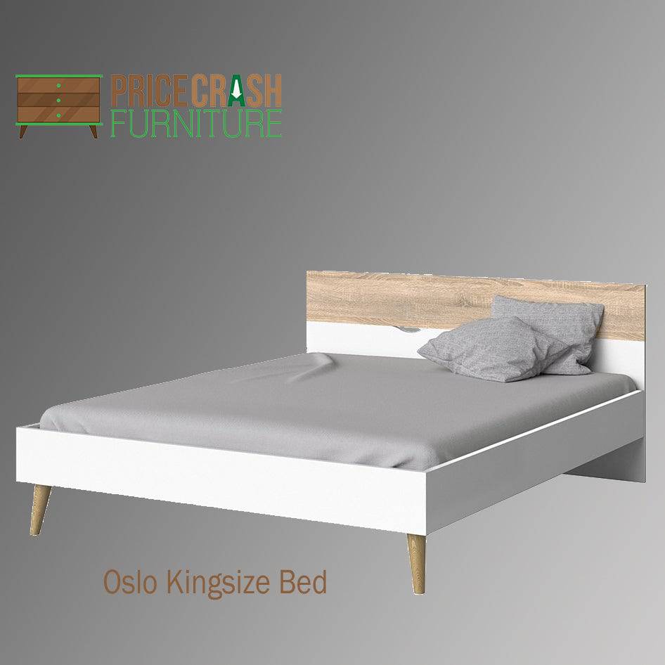 Oslo Euro King Bed (160 x 200) in White and Oak - Price Crash Furniture