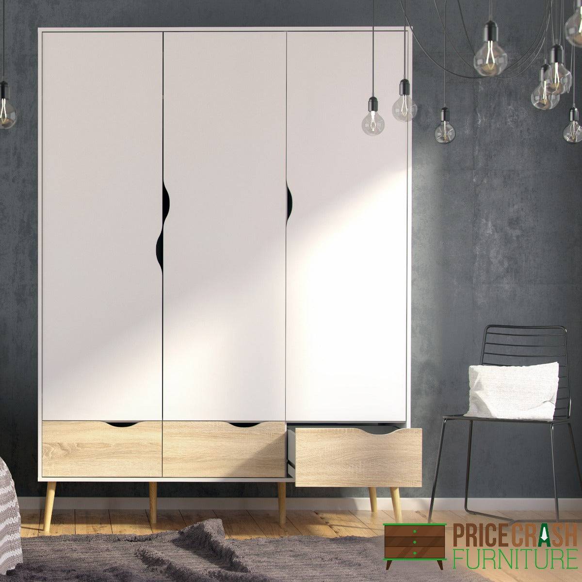 Oslo Wardrobe 3 Doors 3 Drawers in White and Oak finish - Price Crash Furniture