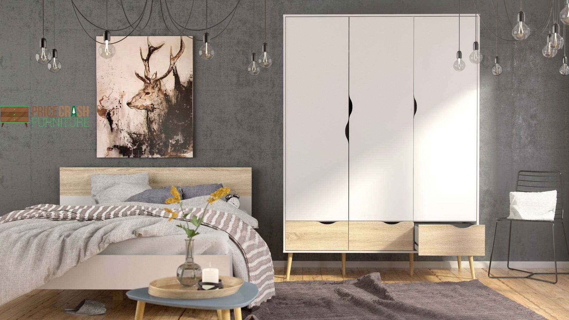 Oslo Wardrobe 3 Doors 3 Drawers in White and Oak finish - Price Crash Furniture