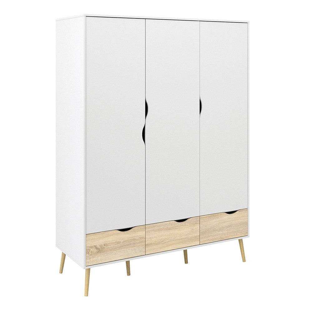 Oslo Wardrobe 3 Doors 3 Drawers in White and Oak finish - Price Crash Furniture