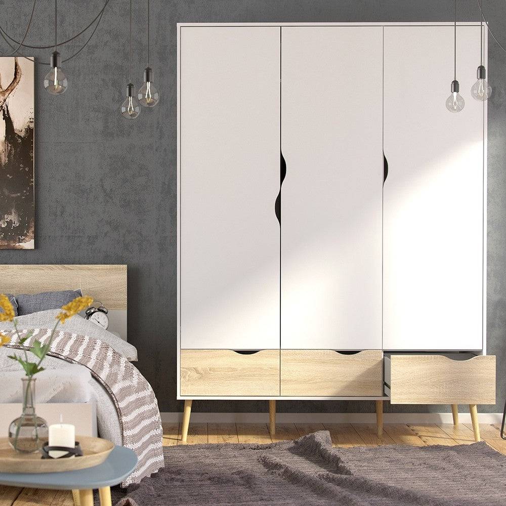 Oslo Wardrobe 3 Doors 3 Drawers in White and Oak finish - Price Crash Furniture