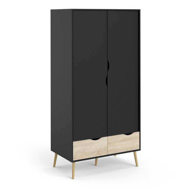 Oslo Wardrobe - 2 Doors 2 Drawers In Black And Oak - Price Crash Furniture