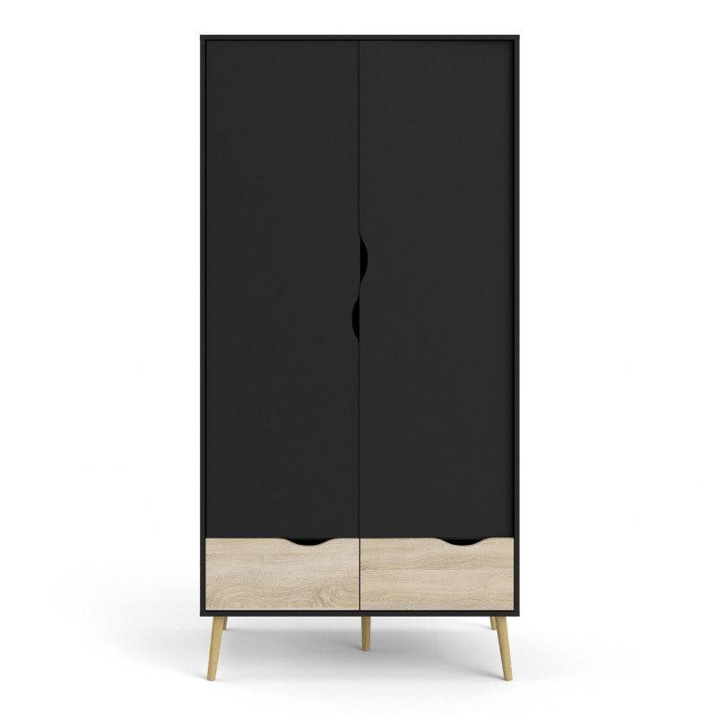Oslo Wardrobe - 2 Doors 2 Drawers In Black And Oak - Price Crash Furniture