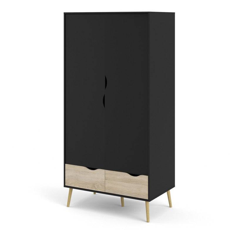 Oslo Wardrobe - 2 Doors 2 Drawers In Black And Oak - Price Crash Furniture