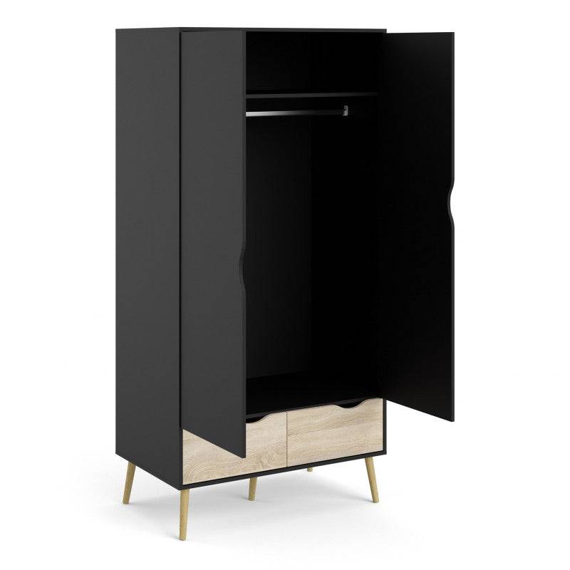 Oslo Wardrobe - 2 Doors 2 Drawers In Black And Oak - Price Crash Furniture